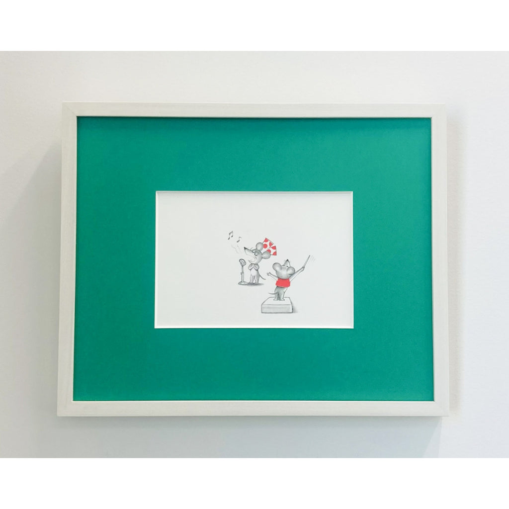 山陰絵絣　人参とねずみ文ハギレ　額装 額装画】ねずみくんのチョッキ うたうねみちゃん